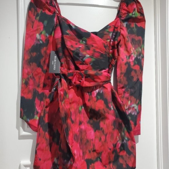Marciano Guess "Red Rhapsody" 60s Style Satin Smooth Floral Puff Shoulder Dress - Picture 4 of 16